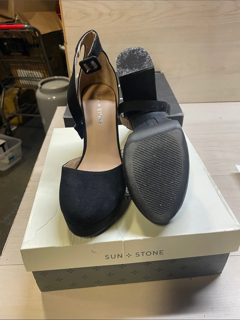 Sun + Stone Black Suede Ankle-Strap Heels #528